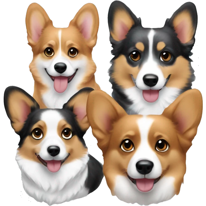 Three corgis. One is a red headed tri, one is a black headed tri, and one is a blue Merle with blue eyes emoji