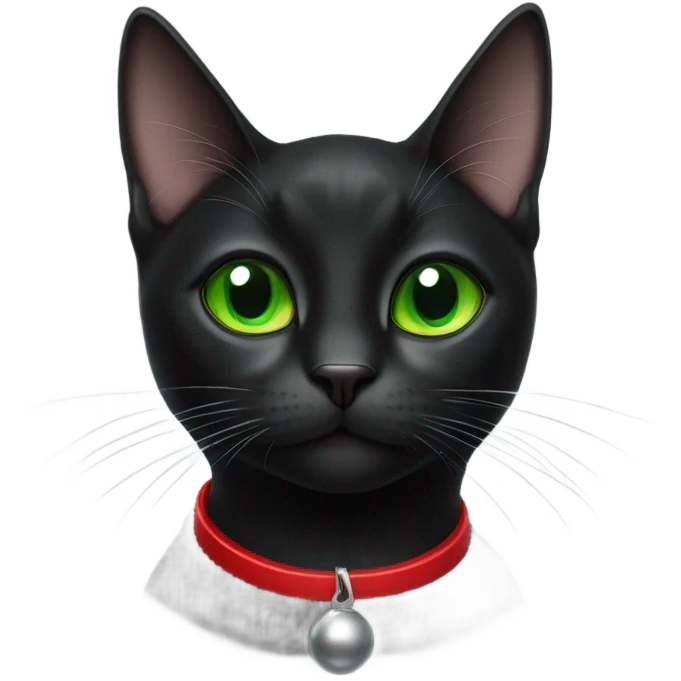Small black cat wearing red collar with bell emoji