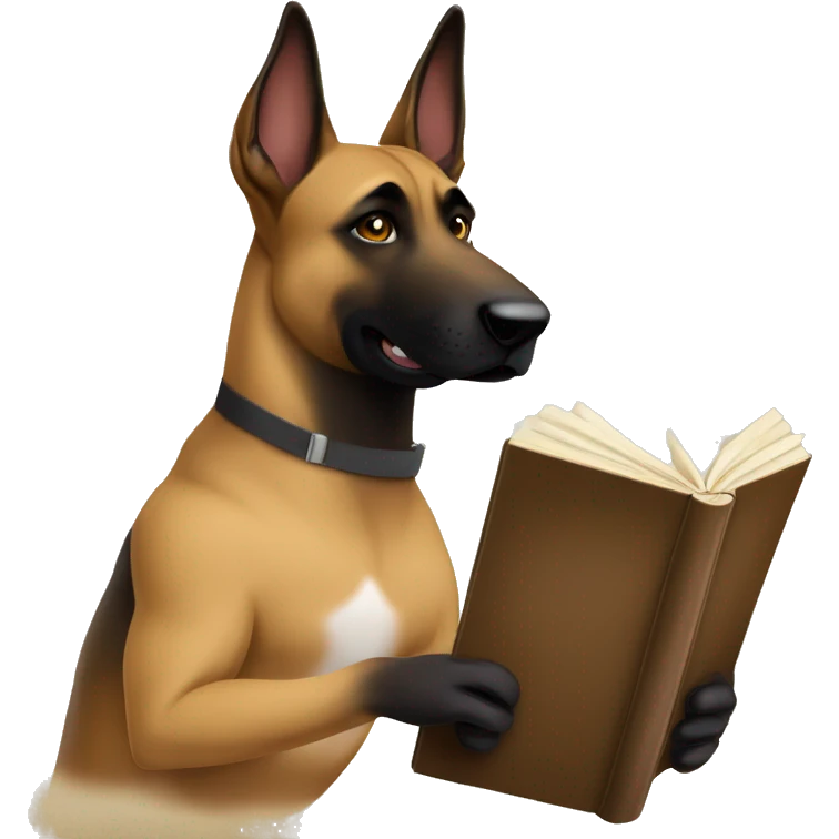 malinois prends des notes avec un livre emoji