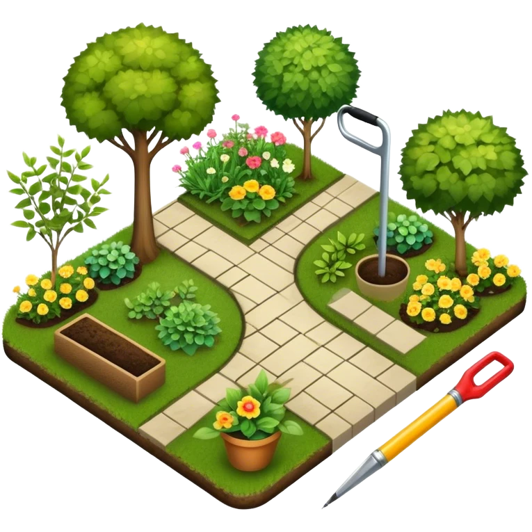 Icon for Landscape Design: a garden layout with plants, trees, paths, and design tools like a spade, pencil and measuring tape. The icon should represent creativity in outdoor space planning and gardening. Transparent background. emoji