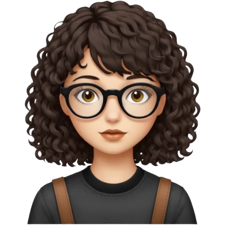 A girl with fair skin, brown eyes with black square glasses, eyeliner, shoulder length curly hair with bangs, with a grunge outfit  emoji