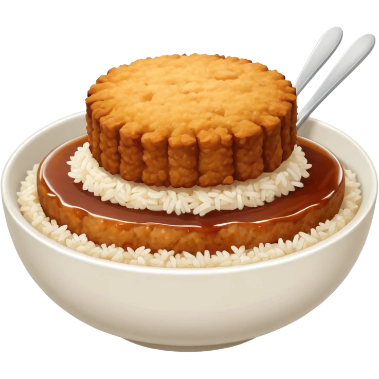 bowl filled with rice, a bit of brown sauce over the rice and a breaded pork cutlet over it. no cutlery or chopsticks anywhere emoji