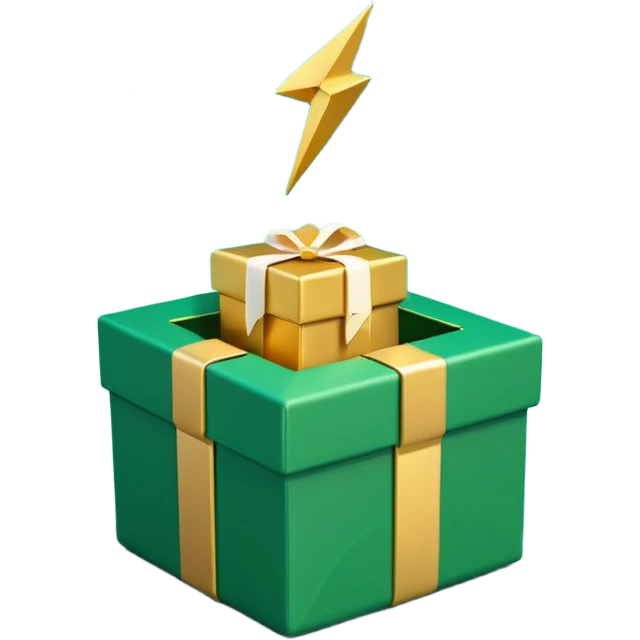 3D minimal open gift box with small floating icons coming out (envelope, lightning bolt, sparkle), matte finish, deep green (#0B3D2C) box, gold (#C9B037) icons, Apple style, ultra minimal, soft shadow, transparent background emoji