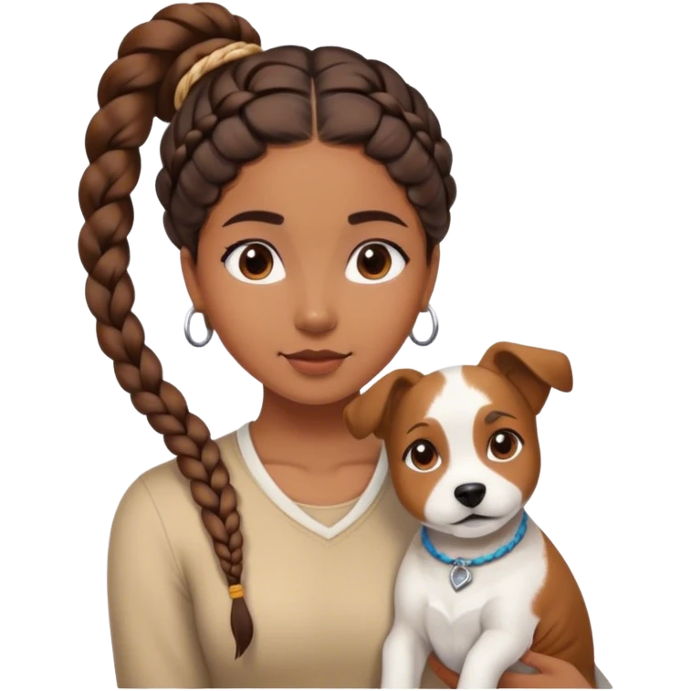 sort, 30 year old, brown girl, back braid hairstyle, with a white brown dog emoji
