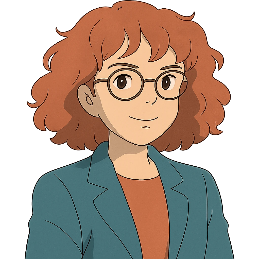 red-haired woman with curly hair, glasses, confident expression in ghibli style emoji