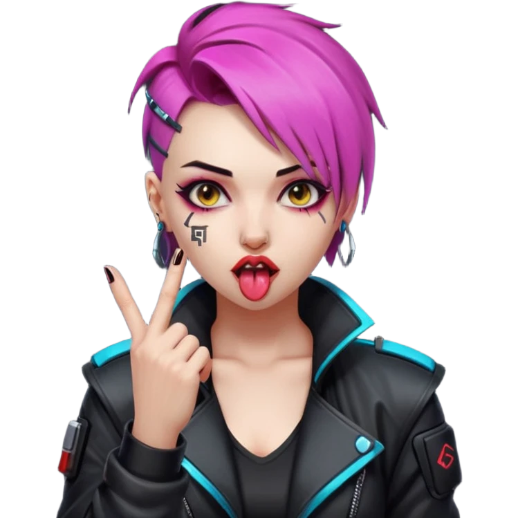 Woman with her tongue out in cyberpunk clothing and giving the middle finger. Looking naughty. emoji