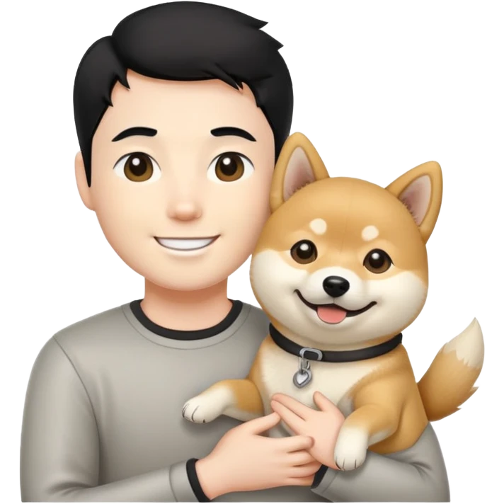 Wire guy with black hair holding a happy Shiba Inu  emoji
