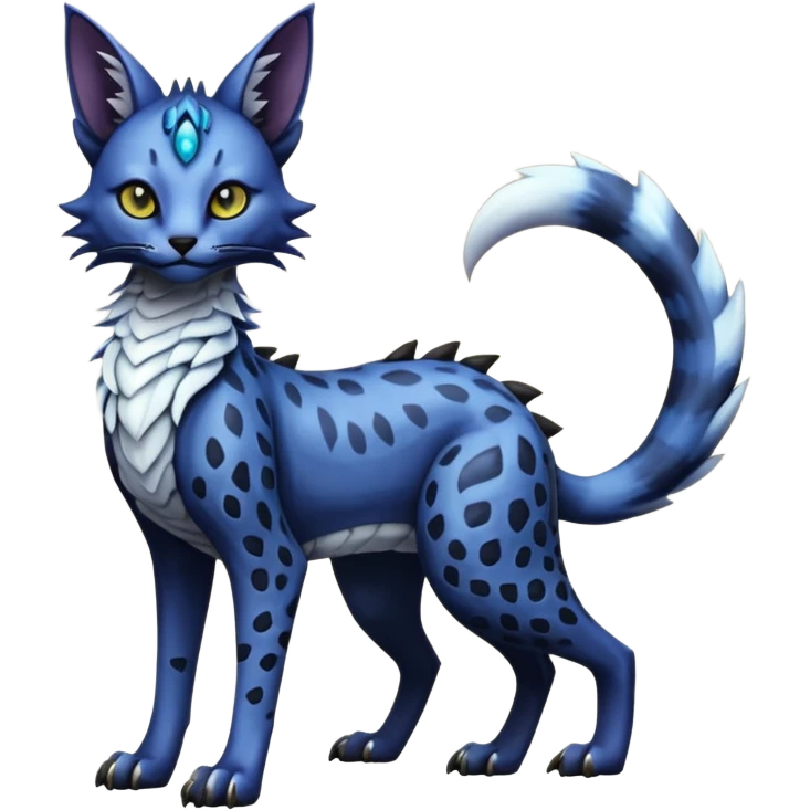 Epic complex knightly divine glorious futuristic detailed dark dusky gloomy deep gothic indigo, realistic Fakémon-Sprigatito-Floragato-Meowscarada-Trico-Sergal-Serval-Vernid-creature (full body) emoji