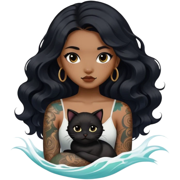 a Chinese girl with long black  Big Wave hair and tattoos and a black round faced cat emoji