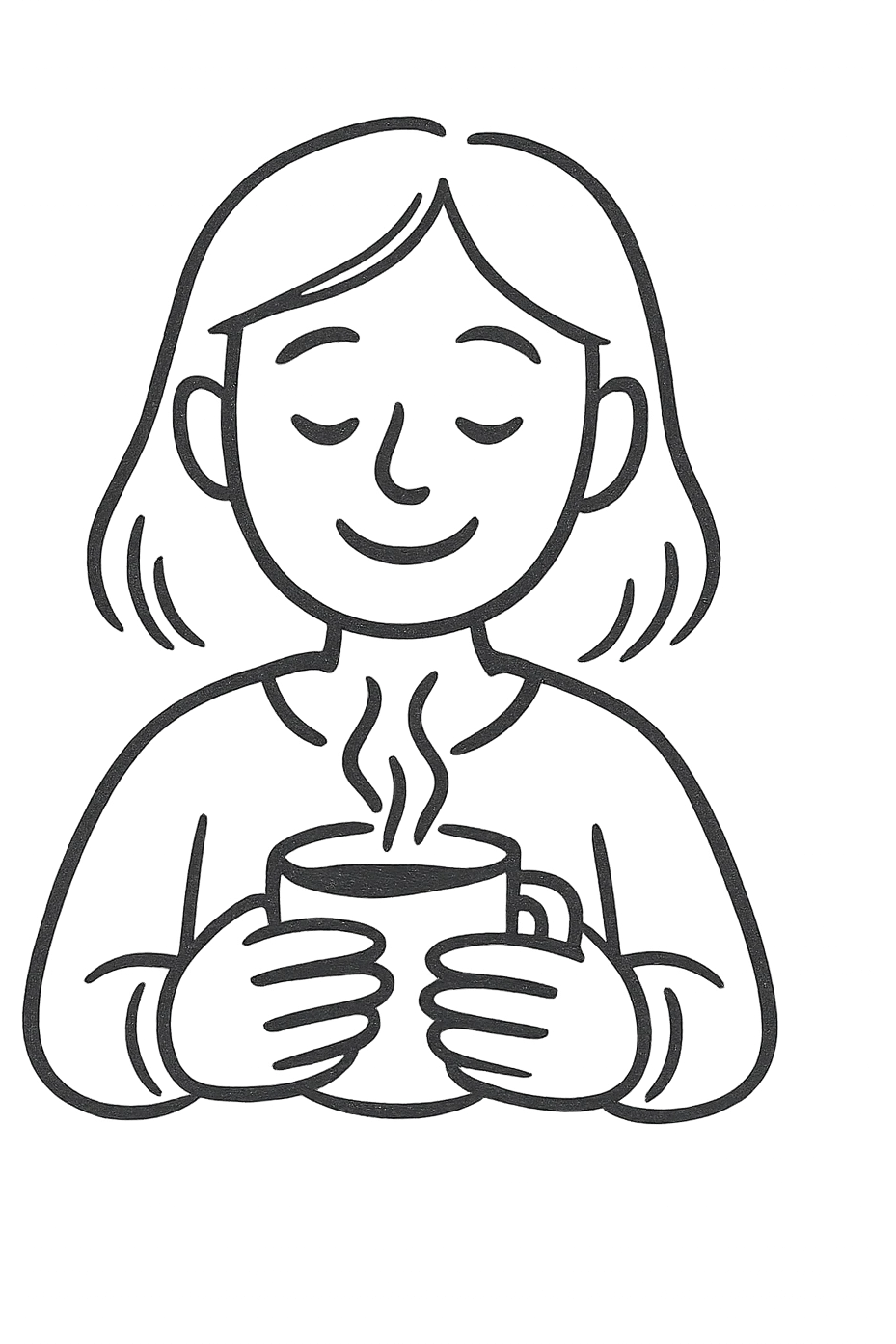 casual pen sketch style emoji of a woman with a gentle smile, both hands around a steaming coffee cup, minimalistic lines, mostly black and white, cozy peaceful vibe, expressive face emoji