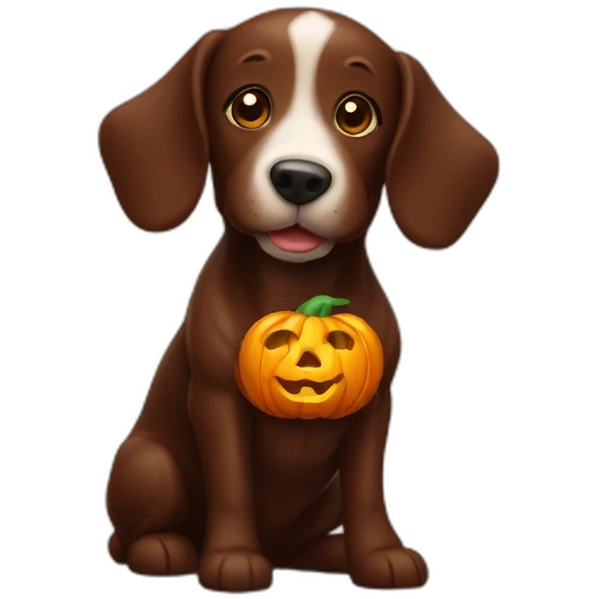 A chocolate doodle dog with a jack on lantern on its head emoji