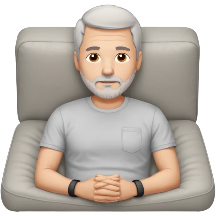 a 50 year man, short grey hair, stubble beard, laying on a ottoman of a light grey cord sofa, front view emoji
