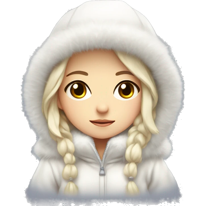 girl with fluffy white coat and white hat on head, bit stressd like droplet in anime, because it's cold emoji
