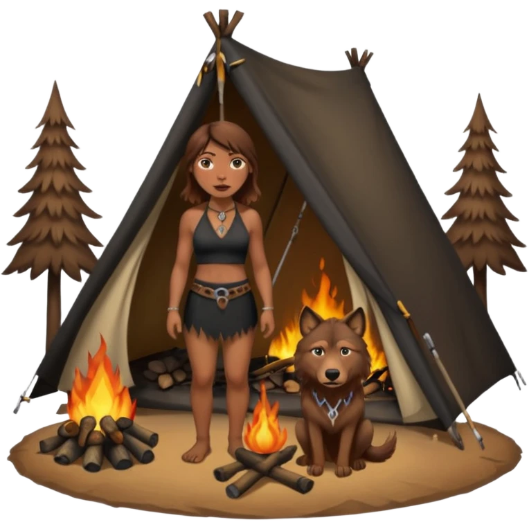 a NEANDERTHAL WOMAN WITH BROWN HAIR STANDING BY A FIRE AND TENT WITH BLACK WOLF HALTER TOP emoji