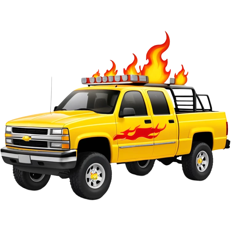 Bright yellow 1997 Chevy Silverado C-2500 Crew Cab with detailed red flame graphics on hood, 30-degree angle showing flames clearly, Kill Bill 'Pussy Wagon' truck, iOS emoji style emoji