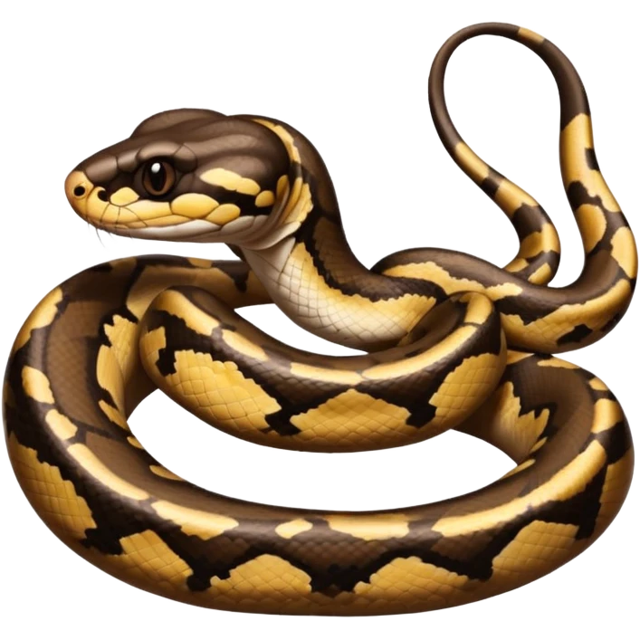A photo-realistic digital illustration of a Ball Python, large headshot portrait. The snake has a short, rounded snout and smooth, soft contours, with a gentle, inquisitive expression that gives it a slightly playful charm. Its head is warm brown with bold, irregular dark markings. emoji