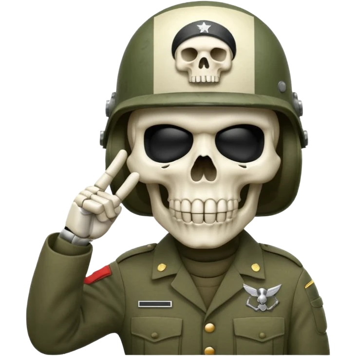 A bold emoji-style bodyless white skull wearing a realistic modern army helmet, making a shushing gesture (index finger bone held up to mouth area). Clean vector style,modern emoji aesthetic.The helmet has detailed realistic texture. emoji