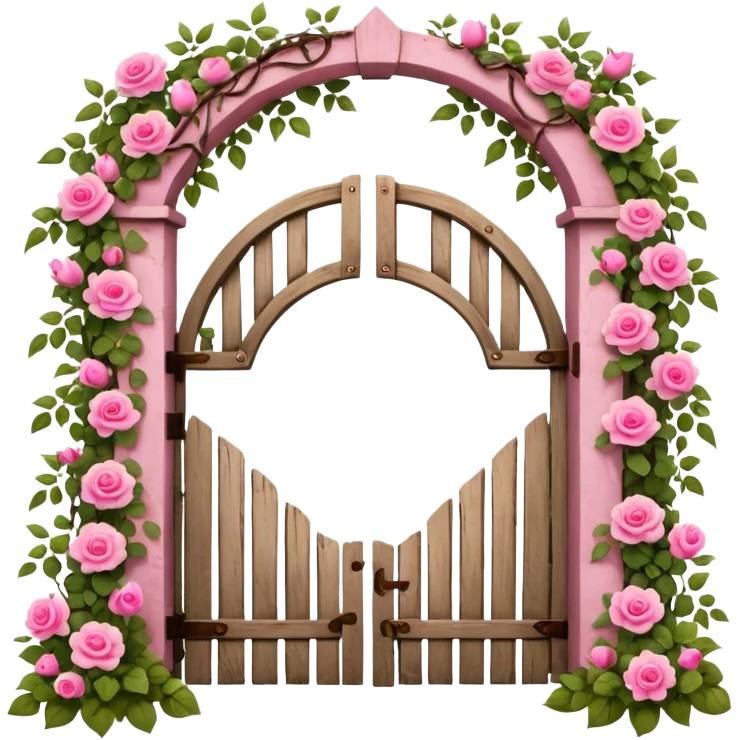 a garden's gate made of wood, with pink flowers all around it emoji
