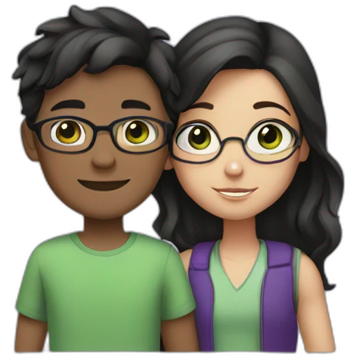 boy and girl hugging each other. the boy is white with green eyes, has black wavy hair and wearing glasses. the girl has brown eyes, and medium-short straight hair dyed in purple, no glasses. emoji