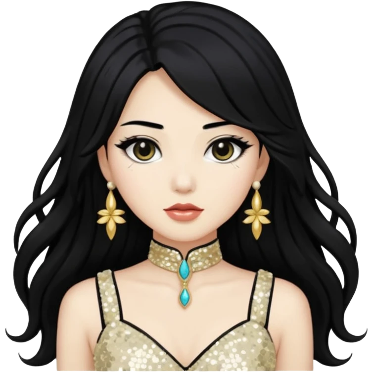 Anck Su Namun from Universal Monsters with long jet black hair, ivory sequin outfit  emoji