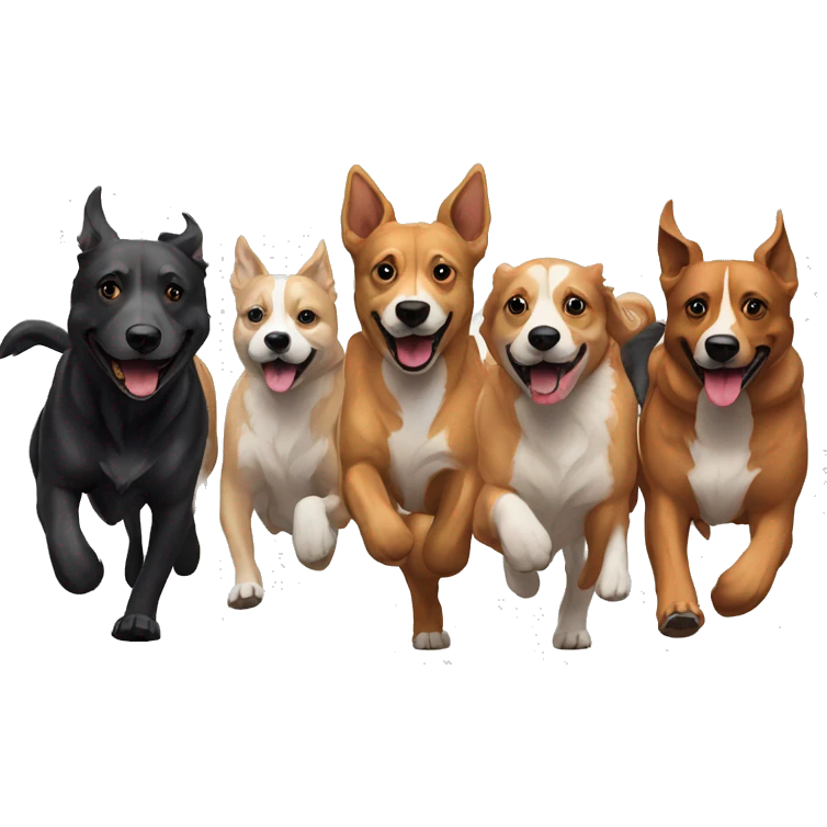 Pack of different breed dogs running in a line  emoji