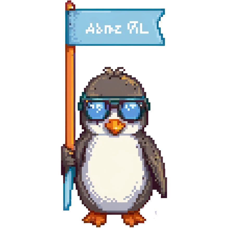 pixel art penguin with sunglasses holding a banner that says 'Abone ol' emoji