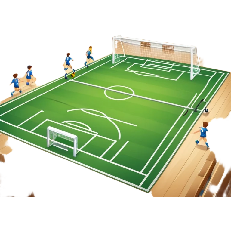 A mini-football match in an indoor sports hall with wooden flooring and clear field markings. The scene shows a vibrant game in action, with players positioned on the court, the goalposts visible, and the atmosphere filled with energy and focus. emoji