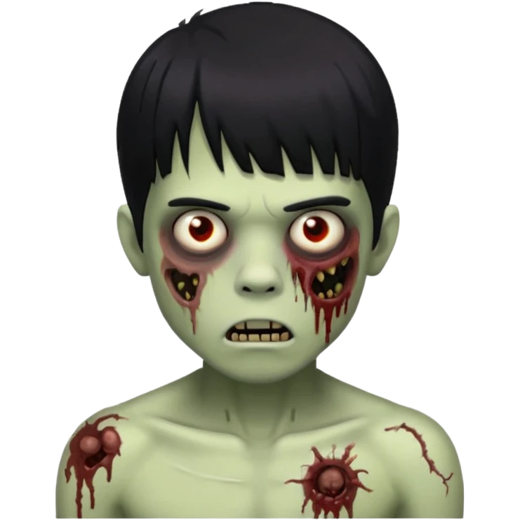 Menino de cabelo liso preto com franja zumbi sem camisa emoji