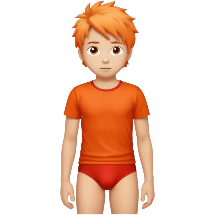 A kid wearing a red pooped underwear with a orange t-shirt looking back emoji