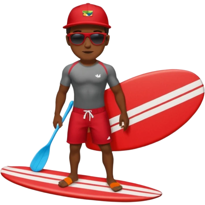 Dark muscular surfer wearing red board shorts Hawaii wearing a baseball cap emoji