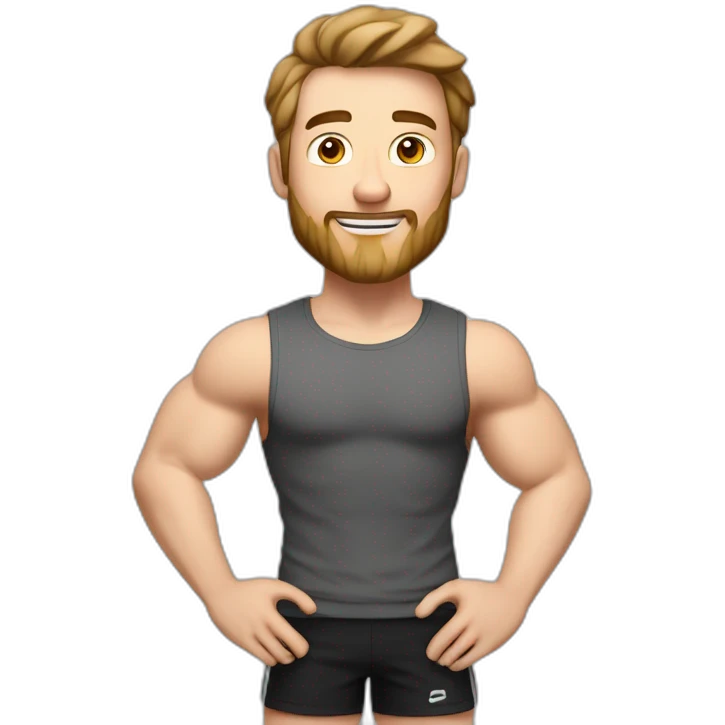 Full height Actively gesturing with hands Pale skinned Fit Man With the biceps and brown hair in dark gray Sleeveless Mike, black oversize sports shorts, watch and white Sneakers emoji