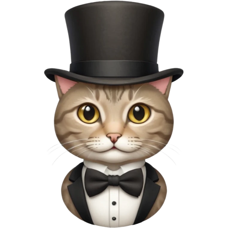 Grey tabby cat in top hat and bow tie emoji