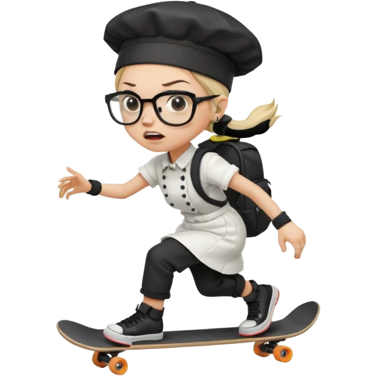 ["An angry woman with light skin, ponytail, wearing a chef hat and square glasses, dressed in goth fashion, is skateboarding while holding a backpack."] emoji