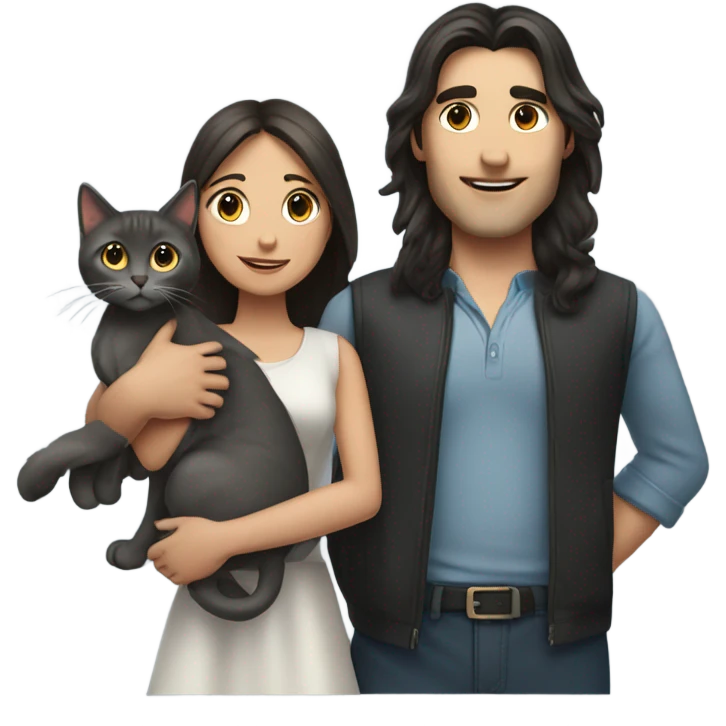 man with very long dark hair and brunette girl with grey cat in her arms emoji