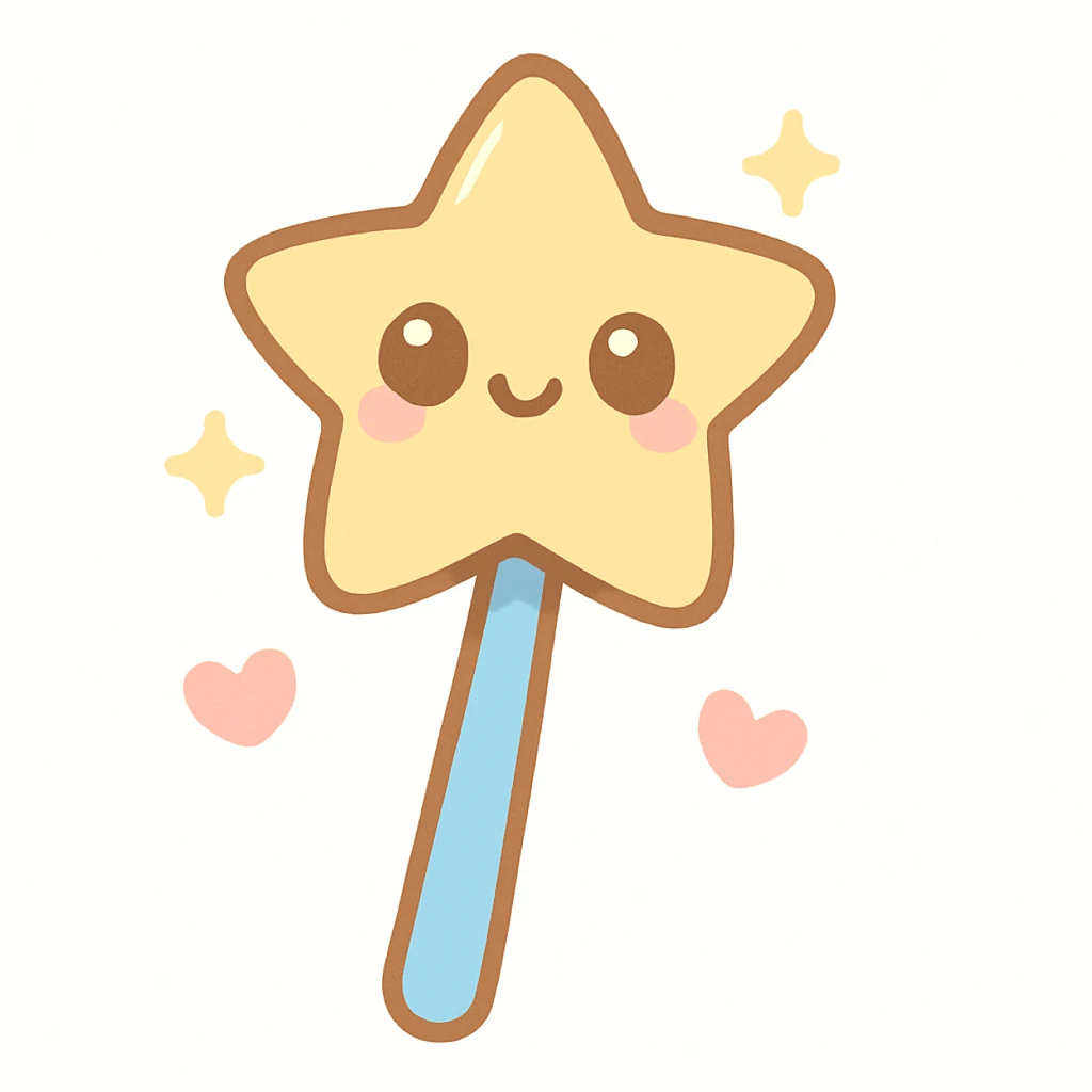 cartoon-style magic wand with a golden star at the tip, sparkling, kawaii style emoji