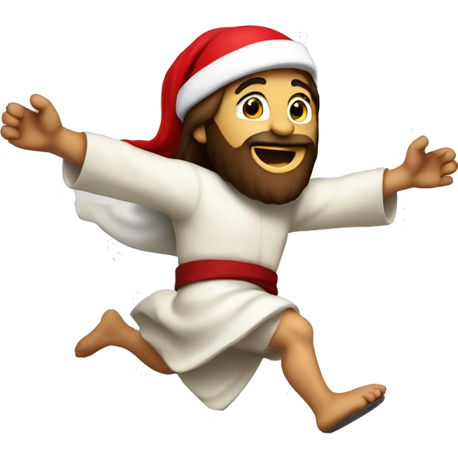 Jesus running, with a large stride and arms outstretched, santa hat emoji