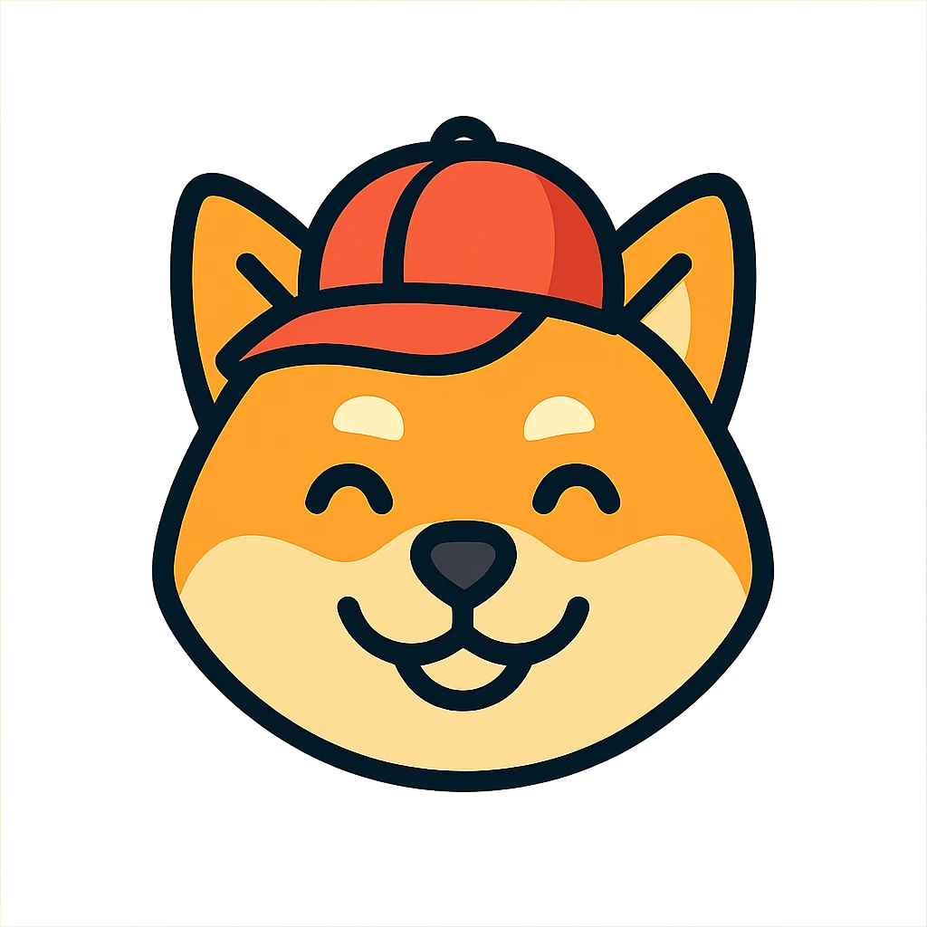 cute Shiba Inu wearing a red hat, smiling, icon style emoji
