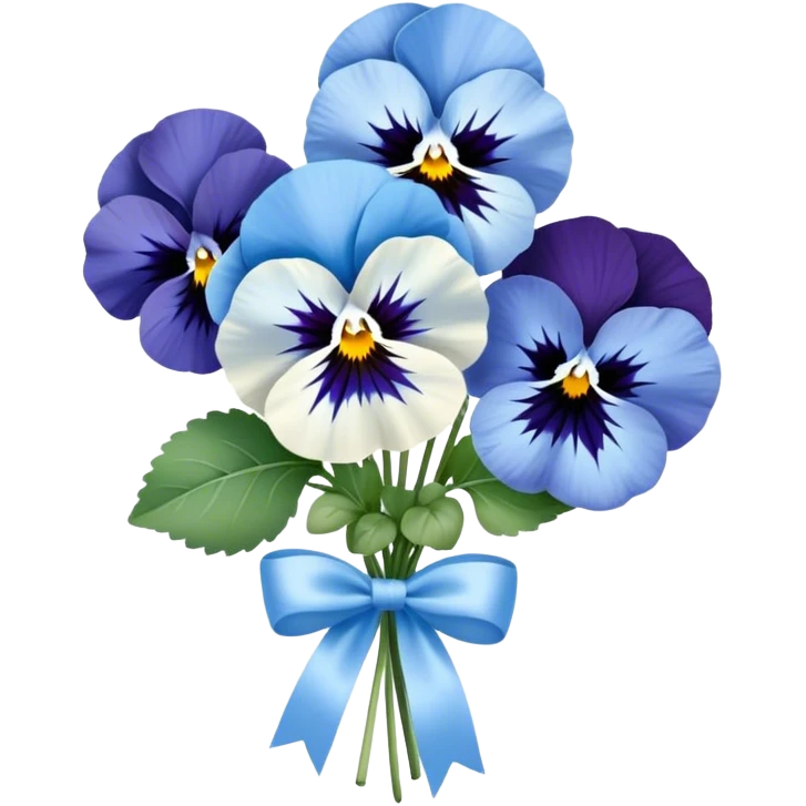 A charming bouquet of deep blue and pastel blue pansies, delicately arranged with hints of periwinkle and sky-blue blooms, wrapped in a pearl satin ribbon and placed in a crystal vase, reflecting soft light. emoji