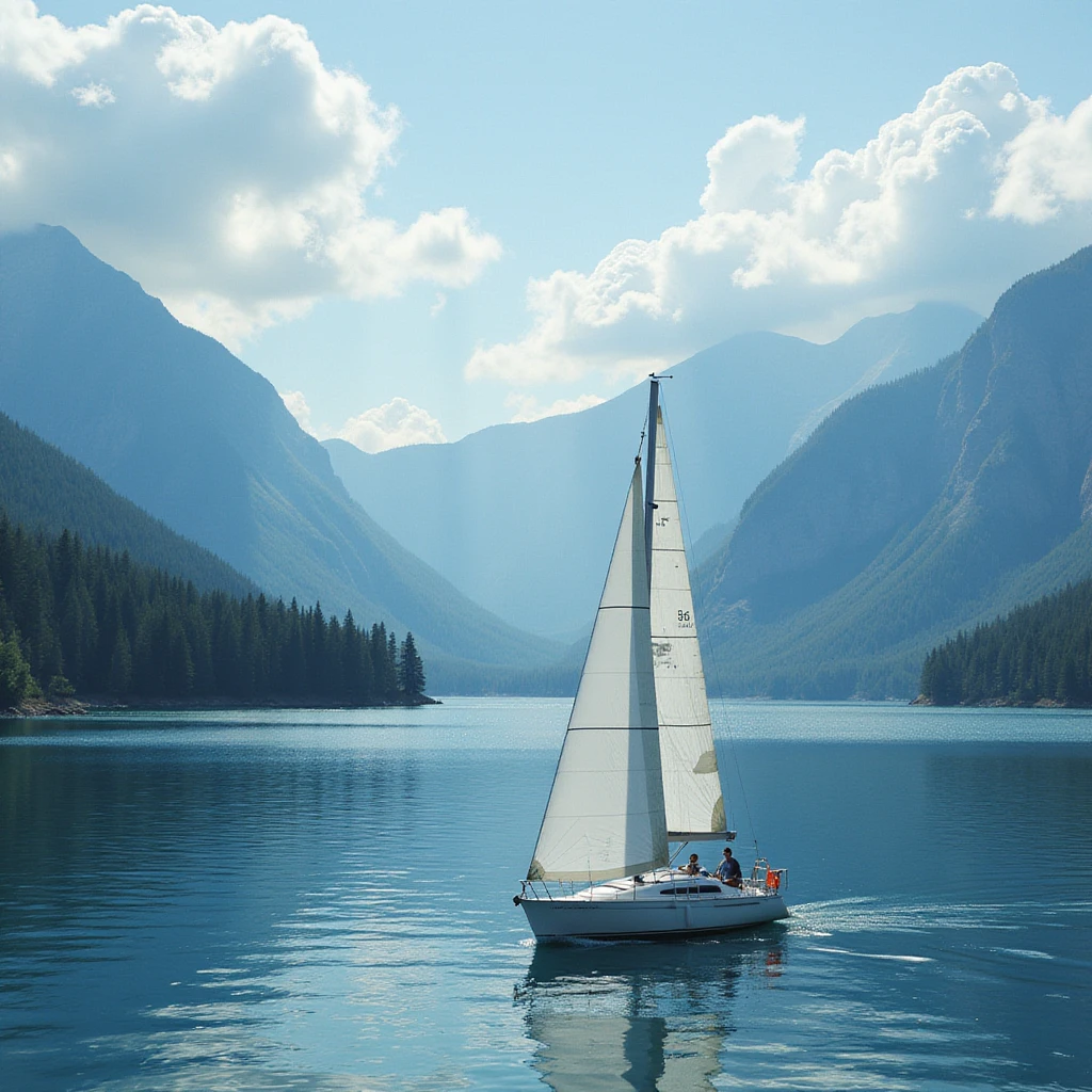 A realistic scene of a sailboat on a lake with mountains in the background. emoji
