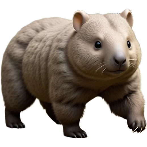cinematic-stout wombat-realistic-fluffy full-body-waddling-emoji,-stout-muscular-frame-covered-in-coarse-brown-fur,-short-powerful-legs-trotting-determinedly-through-bushland,-round-dark-eyes-filled-with-calm-confidence,-tiny-rounded-ears-twitching-slightly,-strong-digging-claws-visible-on-sturdy-paws,-simplified-yet-realistic-focused-features,-highly-detailed,-glowing-with-a-subtle-earthy-glow emoji