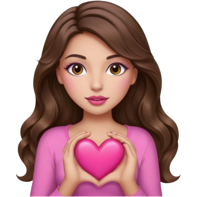 girl with long wavy brown hair, brown eyes, long lashes makeup, sexy pink lips, light to medium complexion, wearing a pink sexy top, holding a big heart emoji