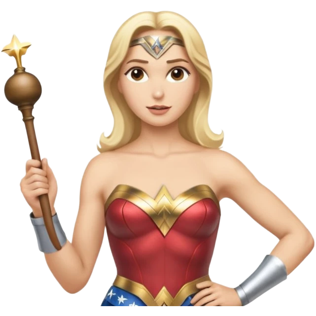 Blonde Wonder Woman holding short white orchestra conductor’s baton and bell emoji