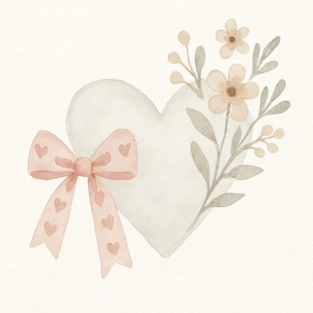 watercolor heart with flowers, pink bow with heart pattern on the bow, watercolor style emoji