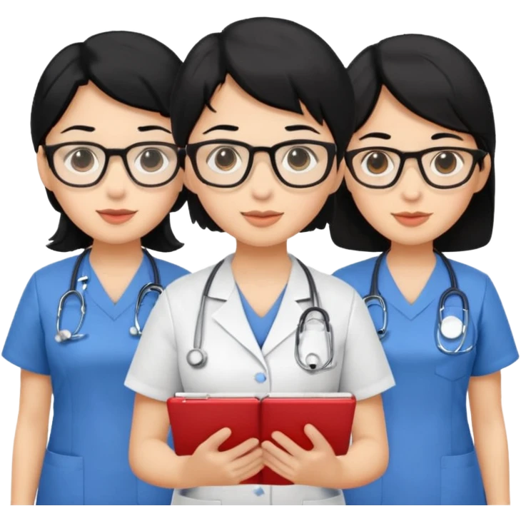 Genera emogis de 4 cuatro enfermeras de cabello negro, una con lentes emoji