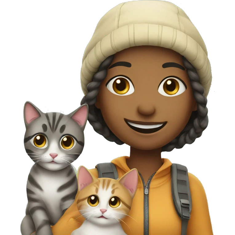 smiling girl in outdoor outfit with 2 cats emoji