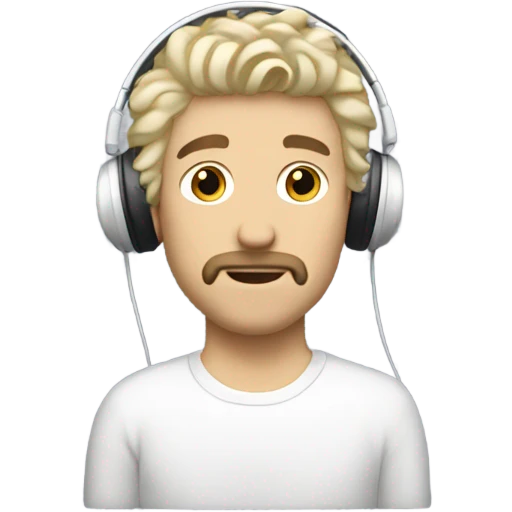White guy with blonde messy shaggy hair while wearing a old design white headphones  emoji