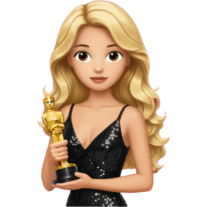blonde model, brown eyes, long wavy hair, oscars red carpet, black sequin, holding oscar emoji