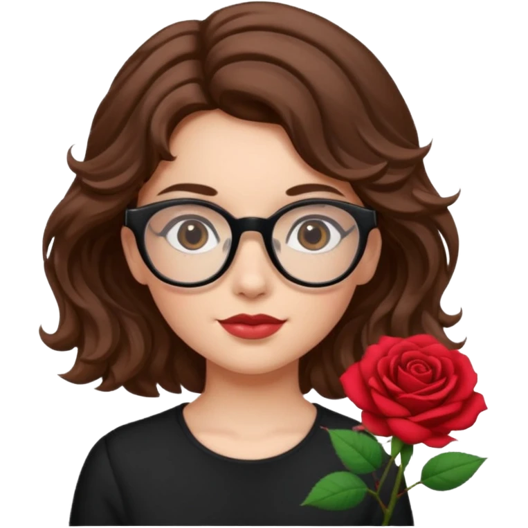 Una ragazza con capelli castani mossi e indossi occhiali neri e con una piccola rosa nella testa emoji
