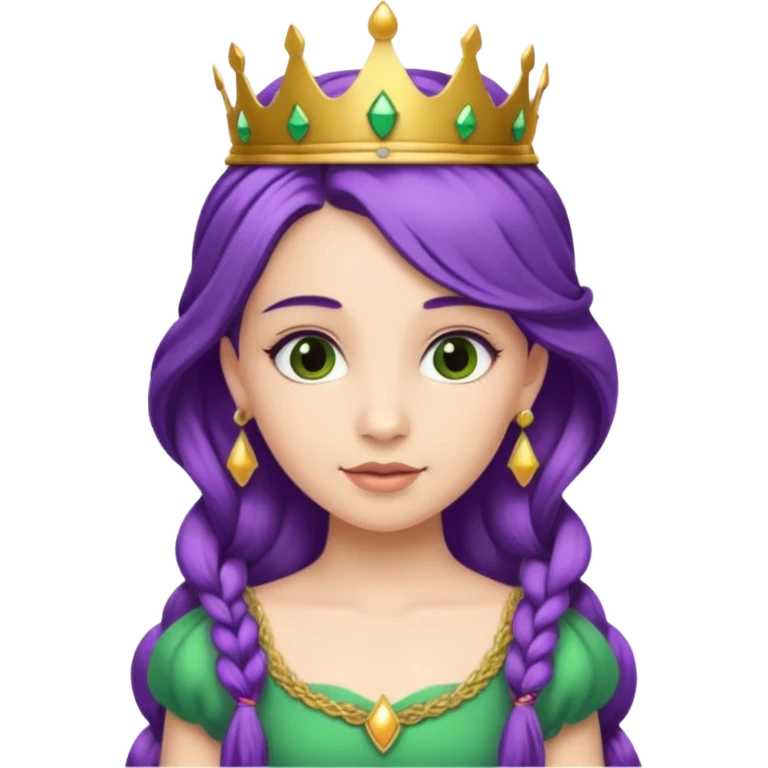 Princesses, with Gold Crown on purple braid hair, with green dress emoji
