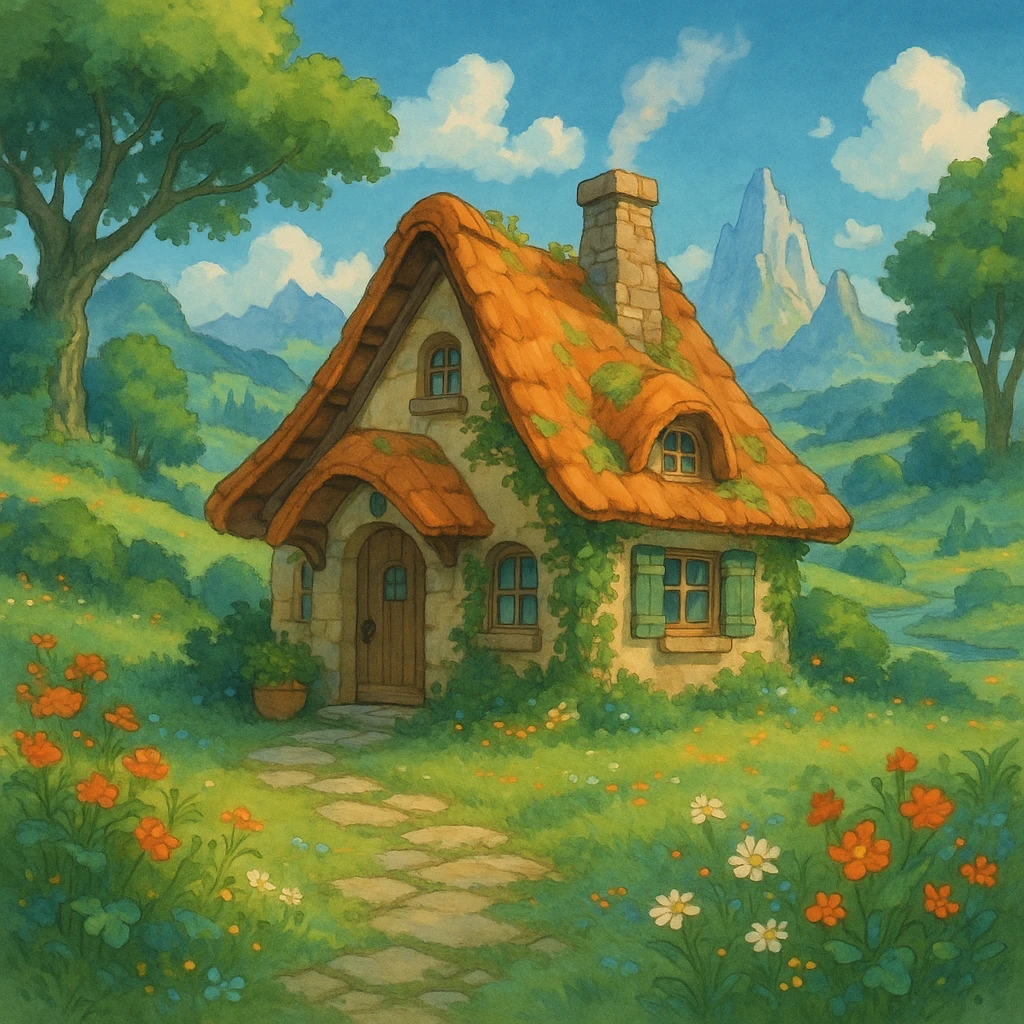 a cozy cottage in a magical landscape, Ghibli style emoji